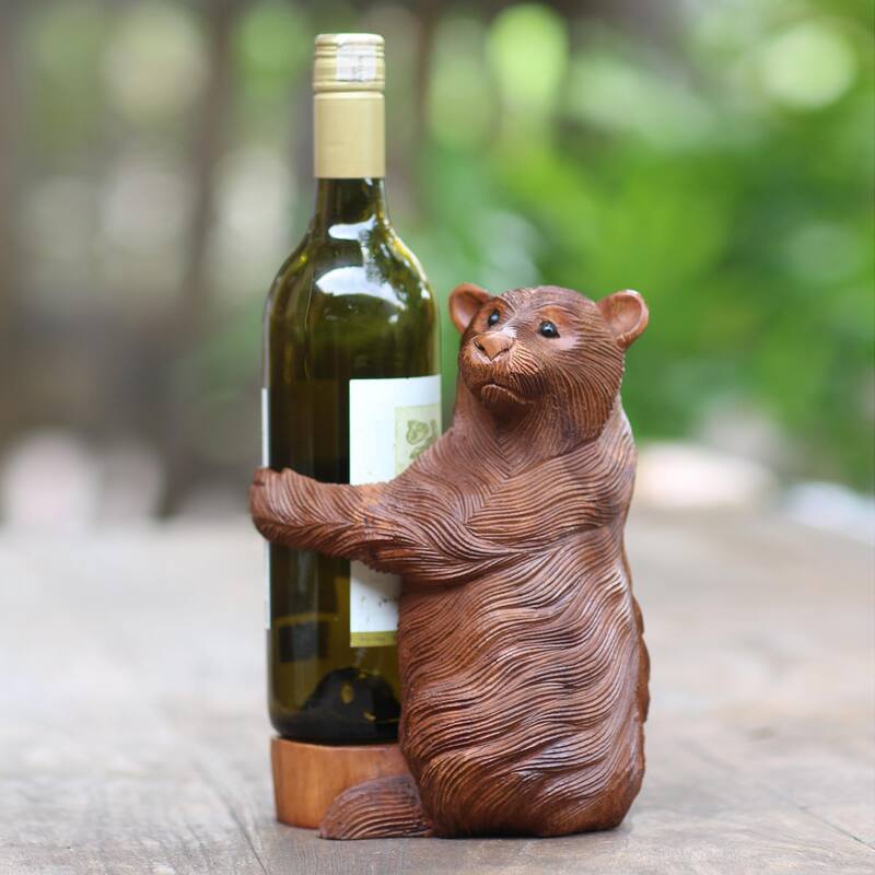 Novica Handmade Polar Bear Hug Wood Wine Bottle Holder