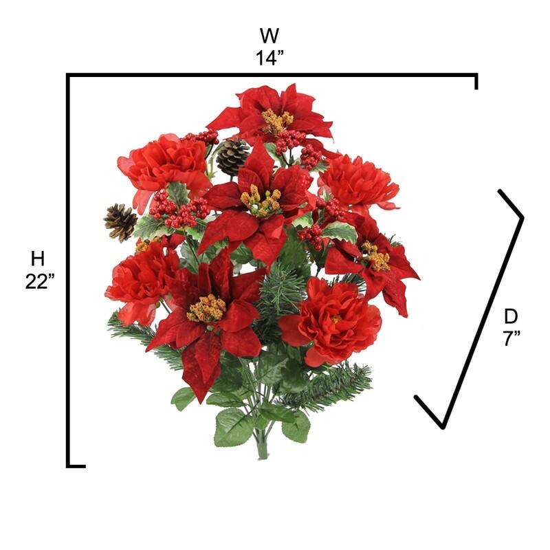 18 Stems Faux Peony Velvet Poinsettia Christmas Bush
