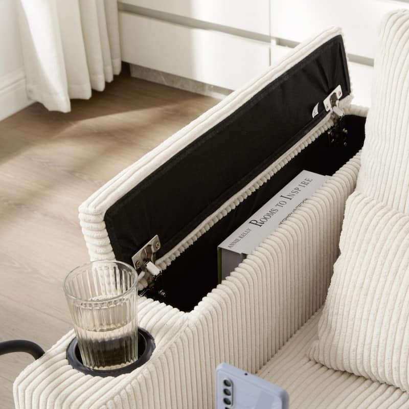 63" Corduroy Convertible Loveseat Sofa Bed with USB Ports, Two Cup Holders, A Phone Holder for Living Room