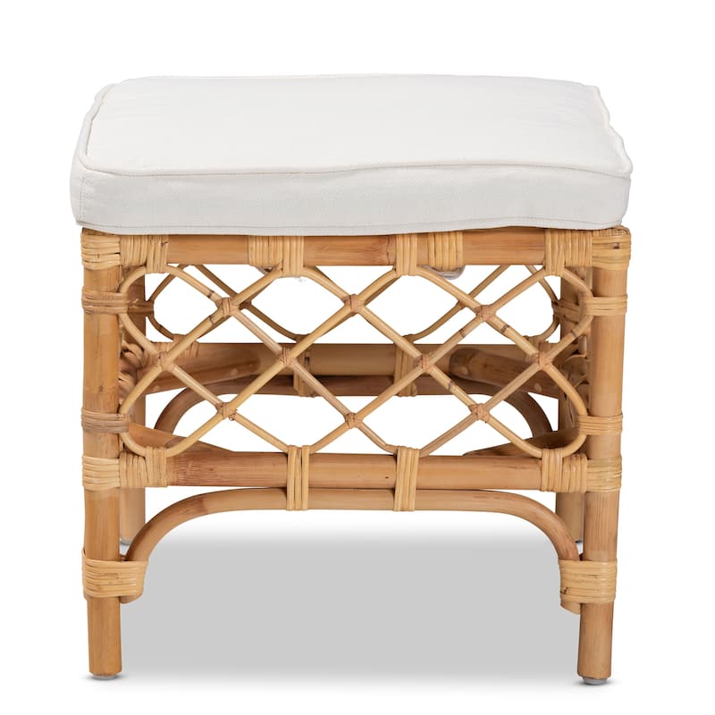 Orchard Modern Bohemian Upholstered Rattan Ottoman-White/Natural Brown