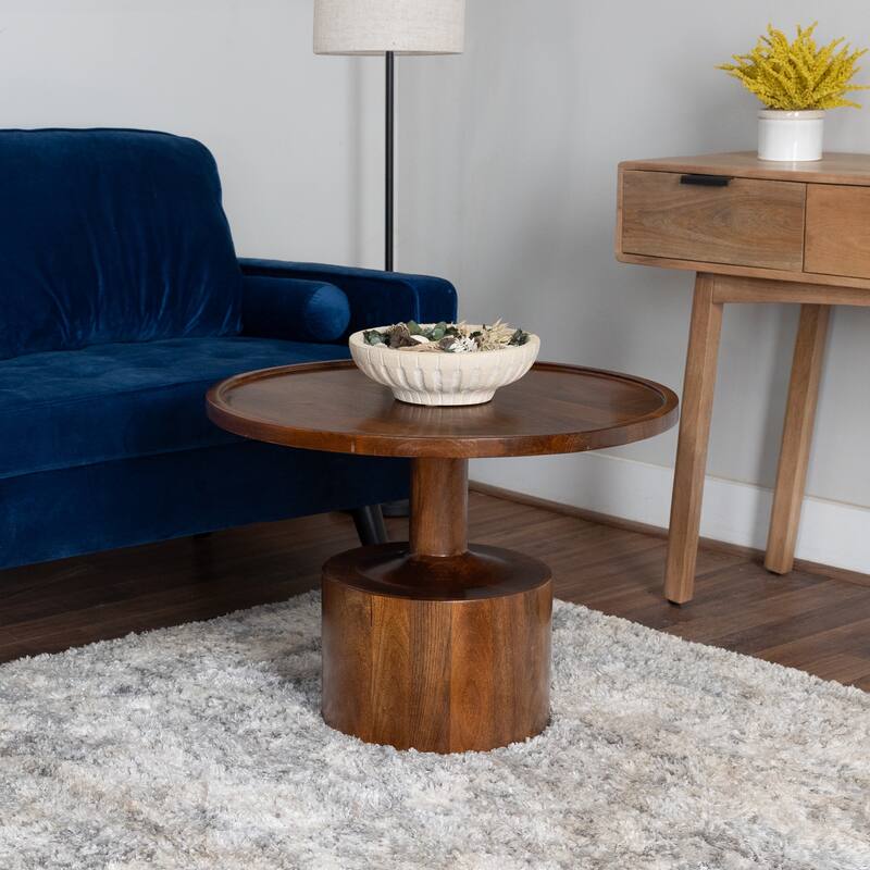 Round Mango Wood Coffee Table with Pedestal Base - 27.5" Accent Table with Rimmed Top - Dark Finish