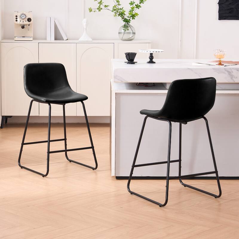 Bar Stools Set of 2, Faux Leather Counter Height Bar Stools with Back - Black - Counter Height