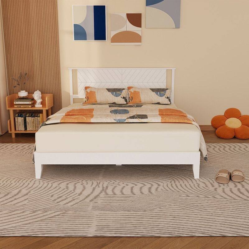 Twin Size Deluxe Bed Frame with Headboard with Solid Wood, No Box Spring Needed, Easy Assembly, White - Queen - White