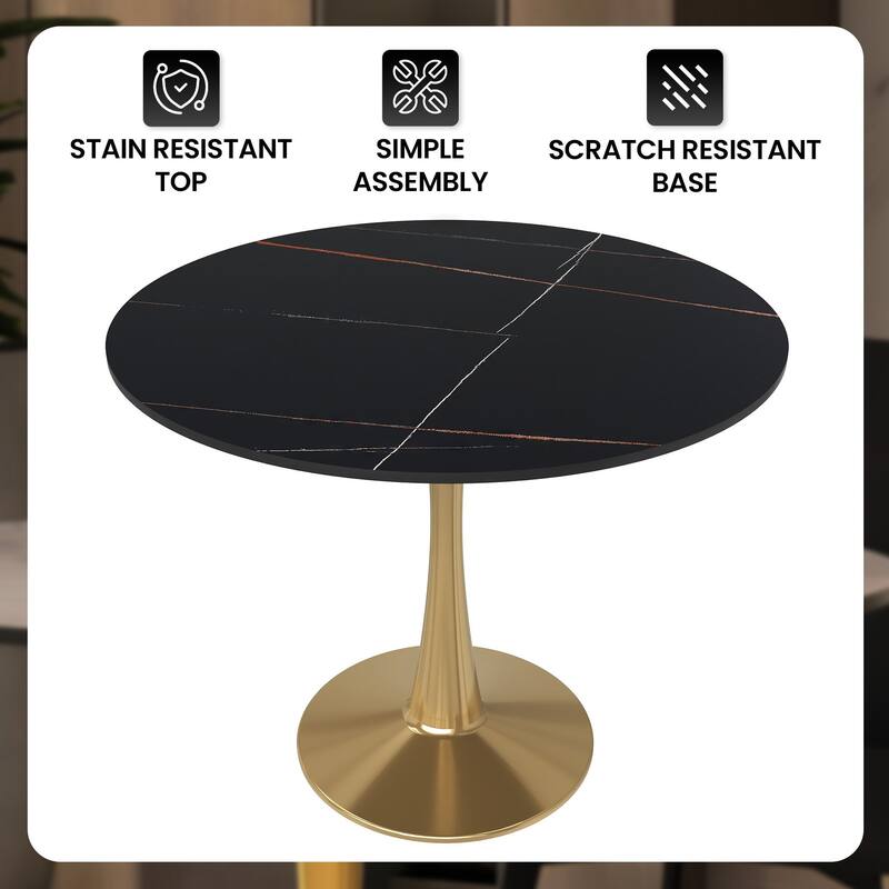 Bristol Round Dining Table 35 in. Sintered Stone Tabletop & Brushed Gold Stainless Steel Pedestal Base