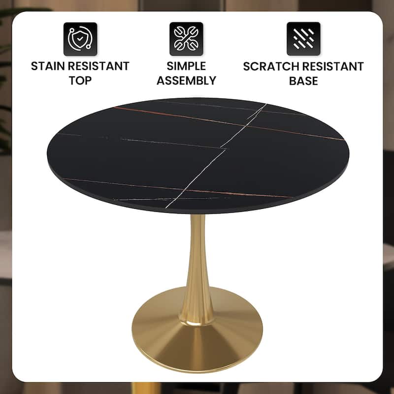 Bristol 31" Round Dining Table for 4 with Sintered Stone Tabletop in Gold Steel Base for Kitchen & Dining Room
