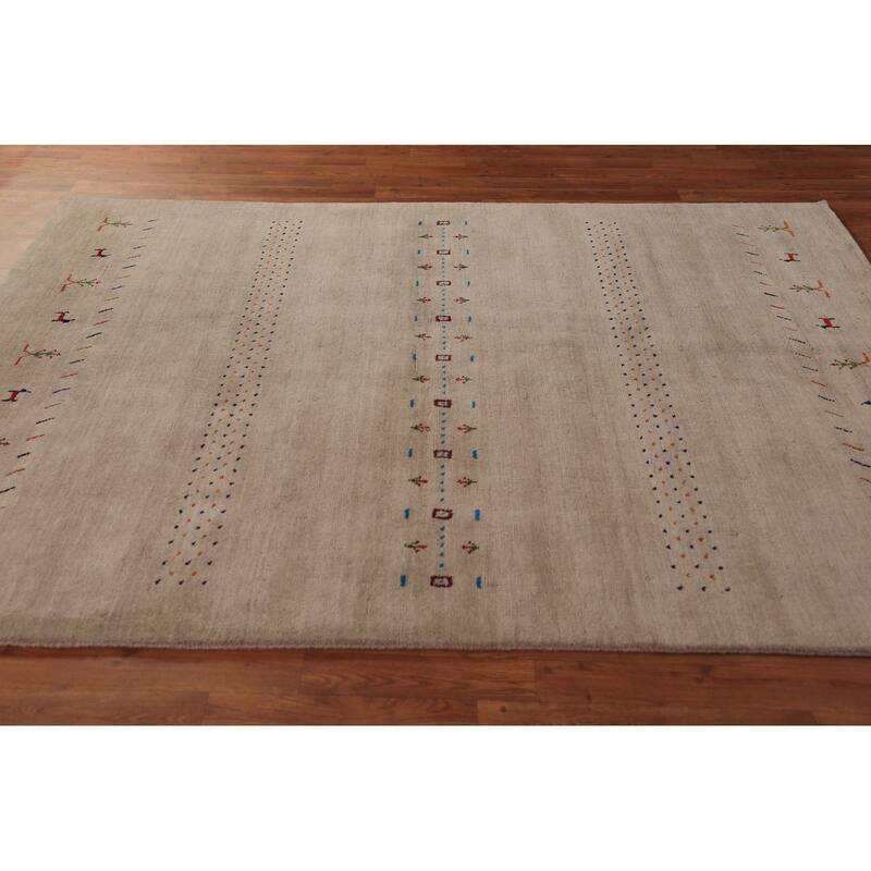 Tribal Gabbeh Oriental Rug Hand-Knotted Beige Modern Wool Carpet - 5'7" x 7'11"