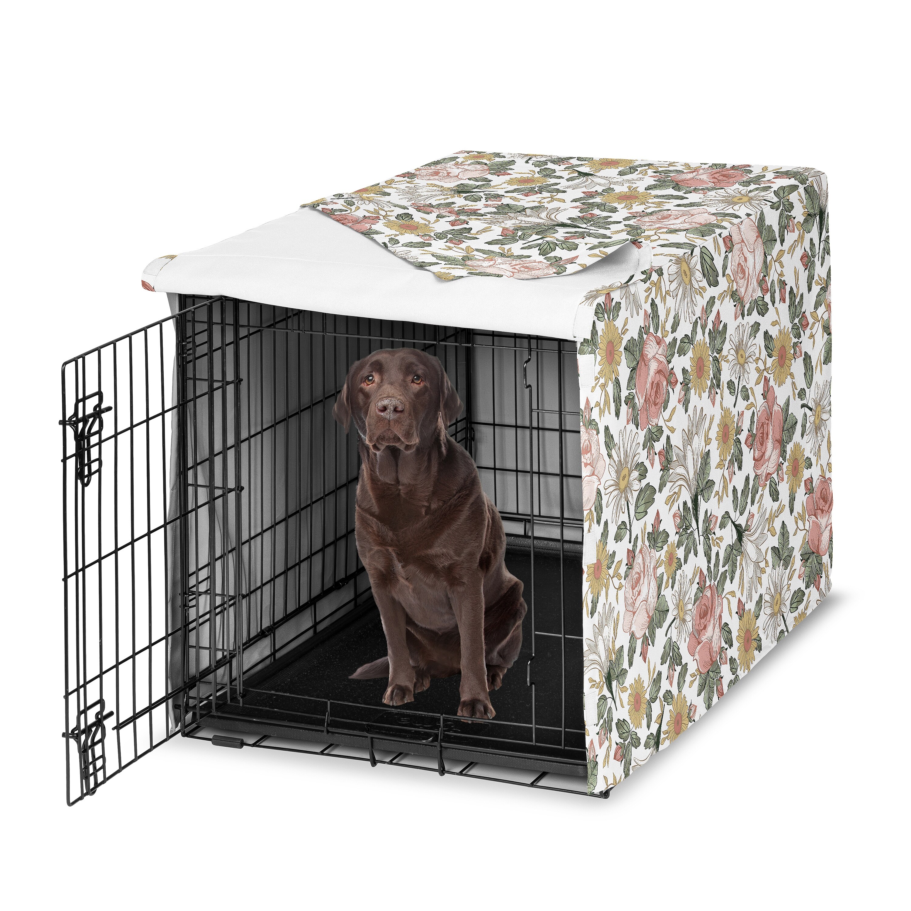 Sweet Jojo Designs Vintage Floral Boho Girl Dog Crate Kennel Cover 42in. - Blush Pink Yellow and Green Bohemian Shabby Chic Rose