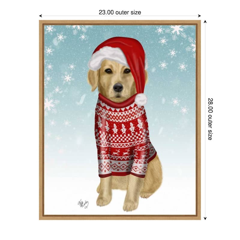 Golden Retriever in Christmas Sweater by Fab Funky (23 x 28 in.), Framed Canvas Wall Art Print - Sylvie Natural