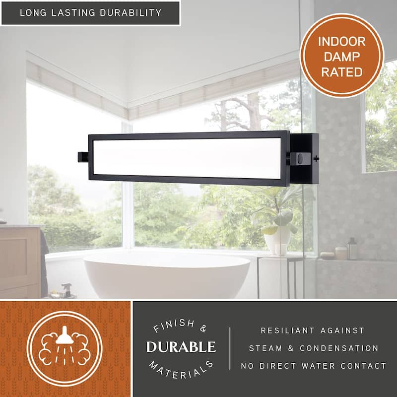 Fremont 1-Light 27 inch Wide Matte Black Bathroom Vanity Lighting Fixture, Adjustable Angle Frosted Shade, LED, Full Backplate