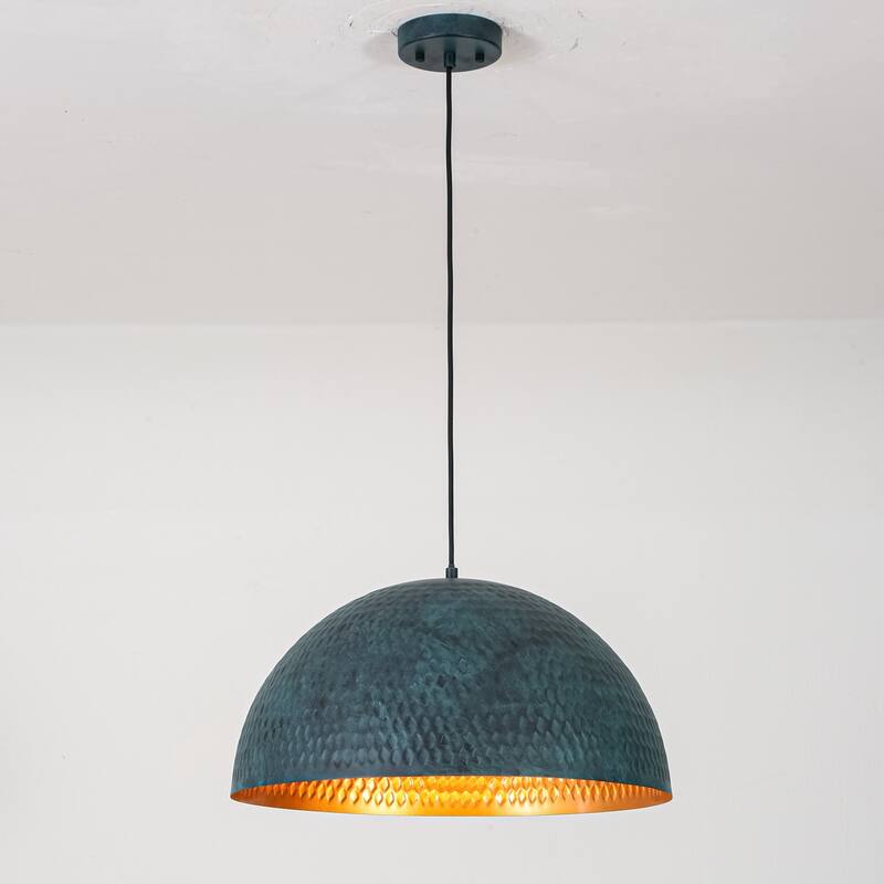 19.7" 1-Light Modern Industrial Black/Green Hand-Hammered Iron Dome Pendant Light for Dining Room - 1 Light - Green