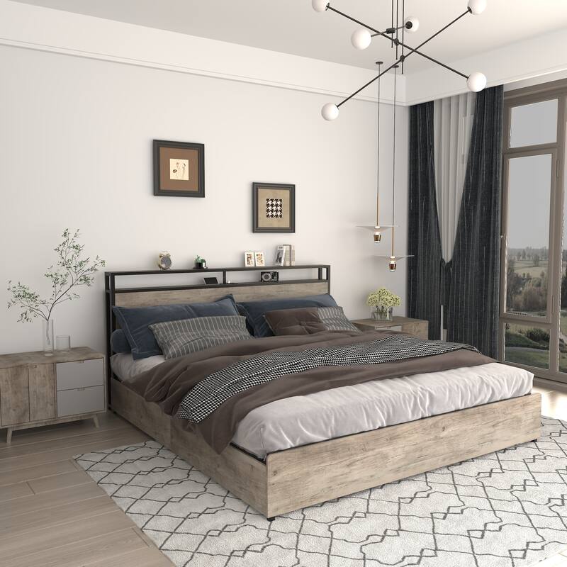 Full Size Heavy Duty Metal Bed Frame, Smart LED Headboard w/ Storage, Storage Platform Bed with 4 Drawers, No Box Spring Needed