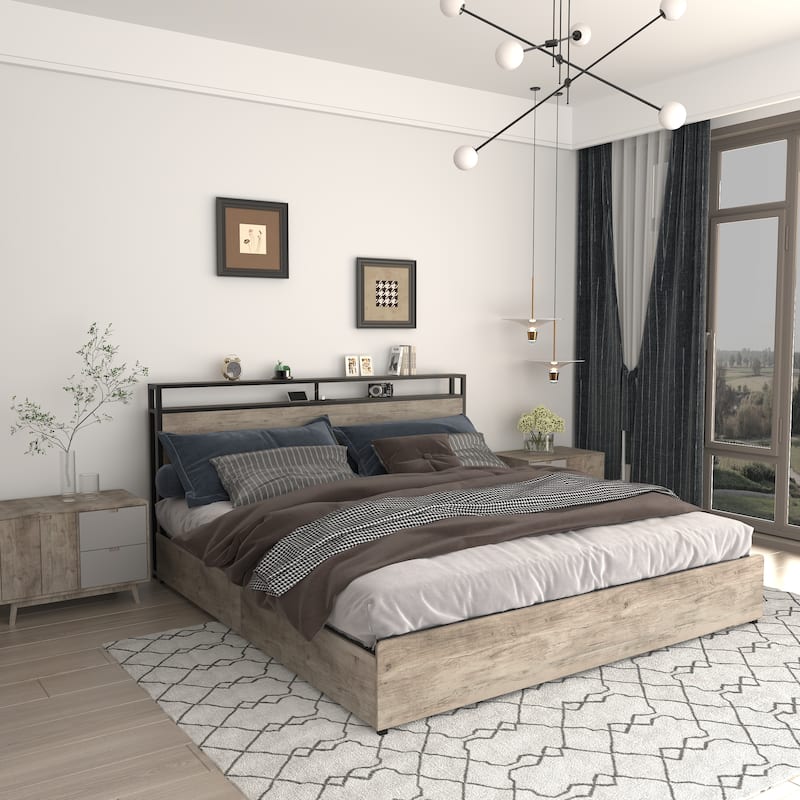 Metal Platform Bed Full Bed Frame with Storage Headboard, LED Lights & Charging Station, 4 Storage Drawers, Noise-Free,Gray Wash - Gray Wash - Full