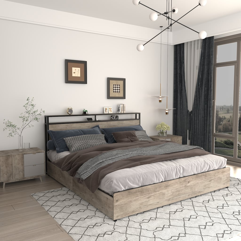 Metal Platform Bed Full Bed Frame with Storage Headboard, LED Lights & Charging Station, 4 Storage Drawers, Noise-Free,Gray Wash