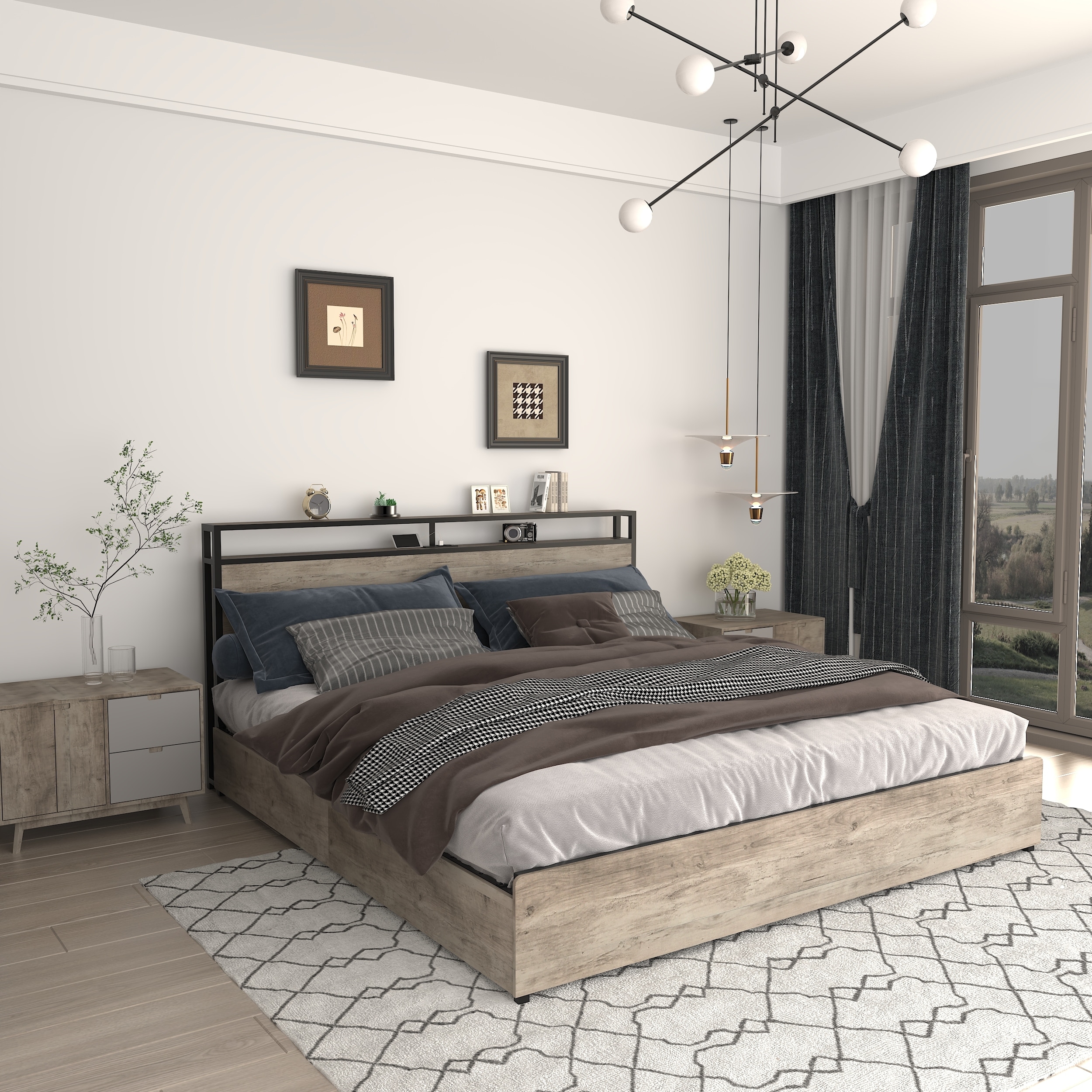 Metal Platform Bed Full Bed Frame with Storage Headboard, LED Lights & Charging Station, 4 Storage Drawers, Noise-Free,Gray Wash