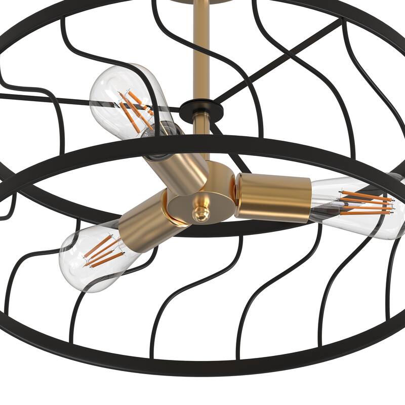 YANSUN 16.5 in. 3-Light Black and Gold Drum Metal Semi-recessed Ceiling light Modern Mininalit Semi-Flush Mount t for kKitchen