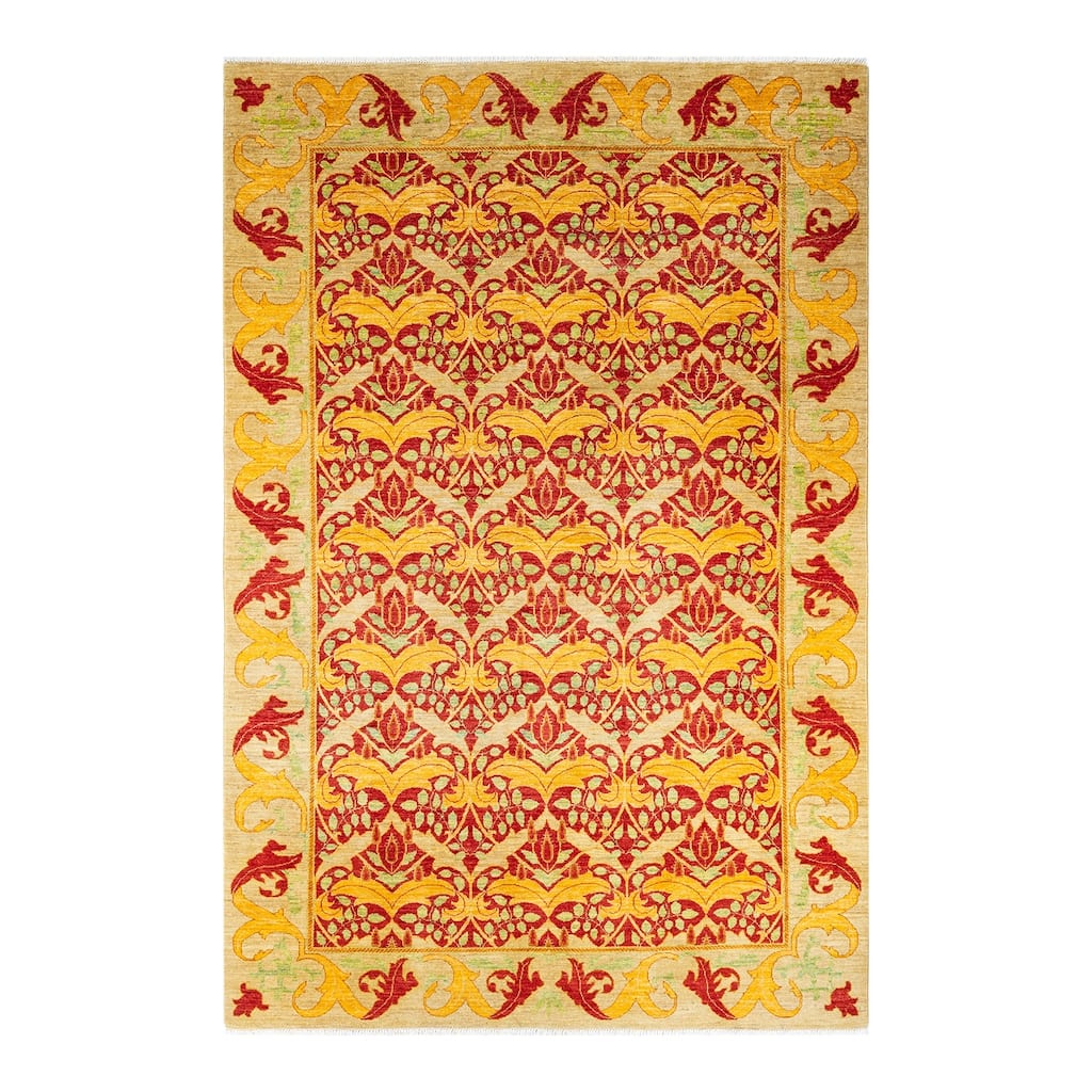 Overton Hand Knotted Wool Vintage Inspired Modern Contemporary Arts & Crafts Yellow Area Rug - 6' 7" x 9' 10"