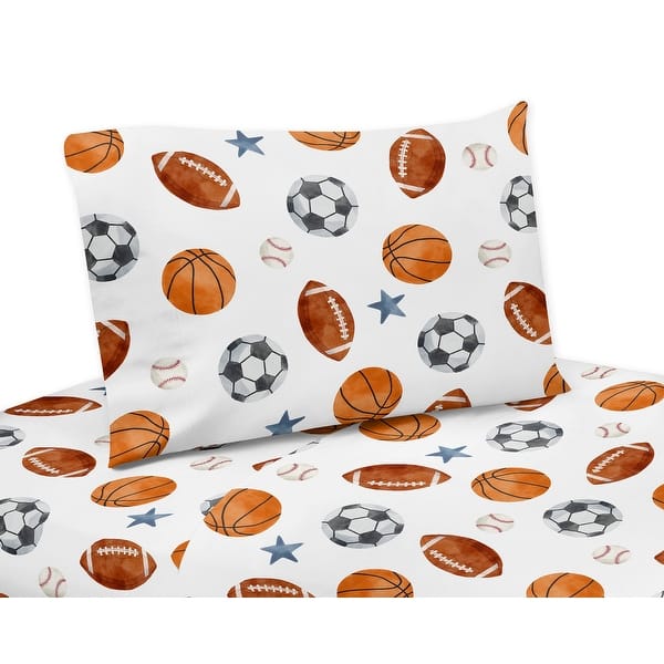 slide 2 of 5, Sweet Jojo Designs Sports Theme Boy 4p Queen Sheet Set Watercolor Vintage Soccer Balls Football Baseball Basketball Blue Stars