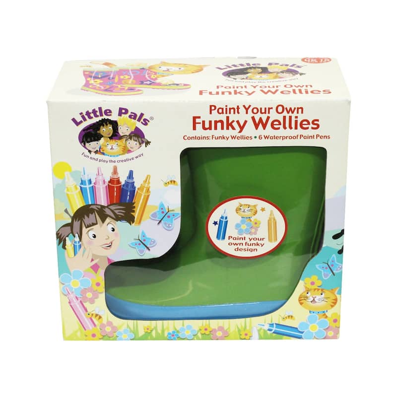 Little Pals Paint Your Own Wellies Kids Rain Boots, Pink with Green Trim or Green with Blue Trim, US Kids size 11.5