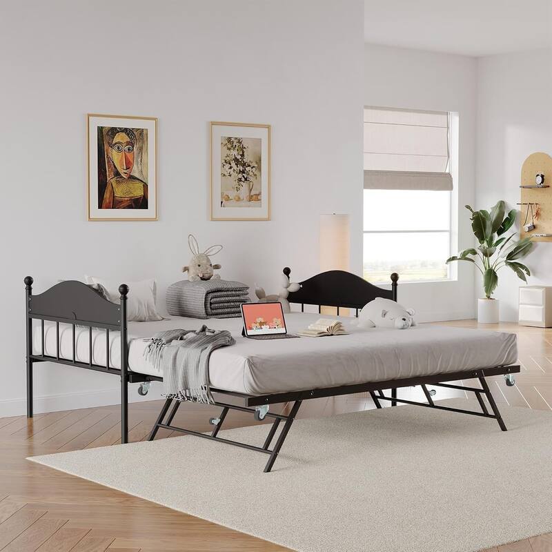 Space-Saving Twin Daybed, Platform Sofa Bed Frame with Foldable Trundle - Black