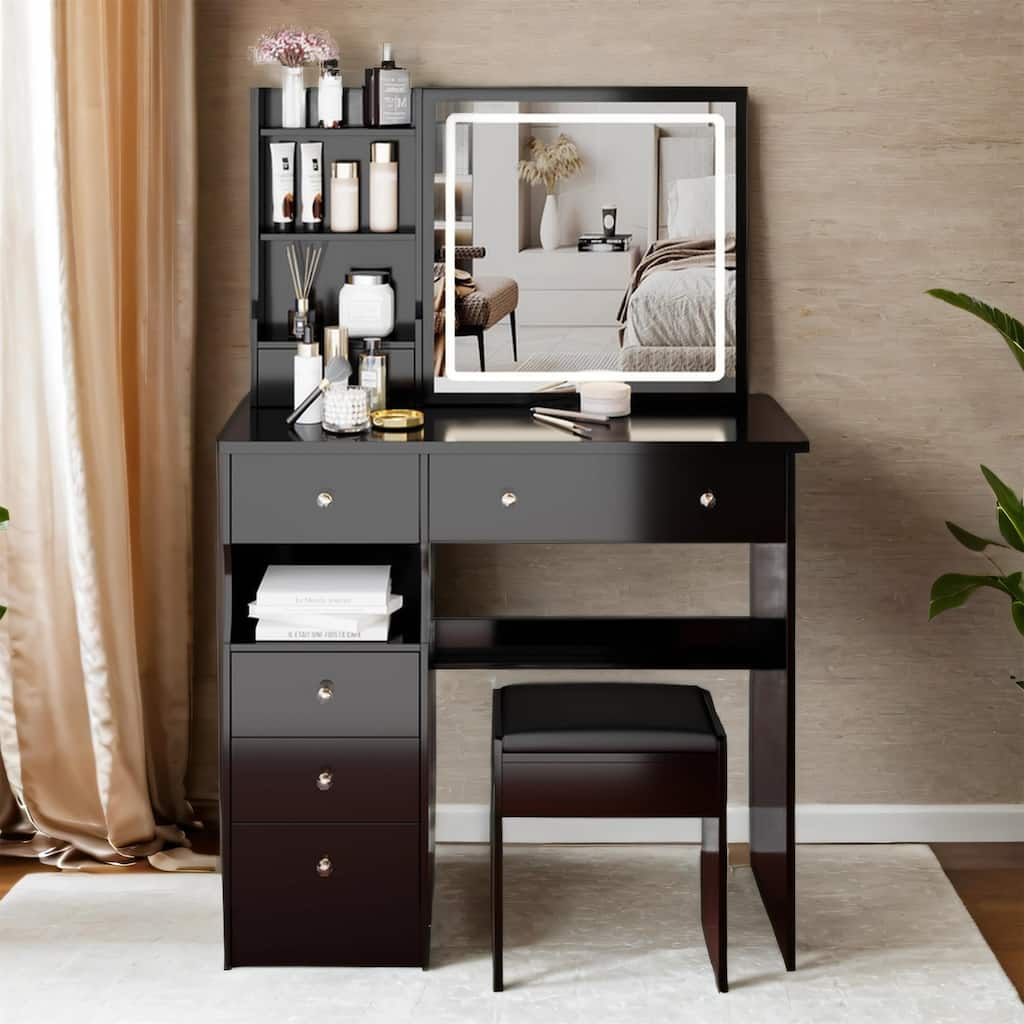 37" Full-Size Vanity Set with Mirror, LED Lighting & Cushioned Stool