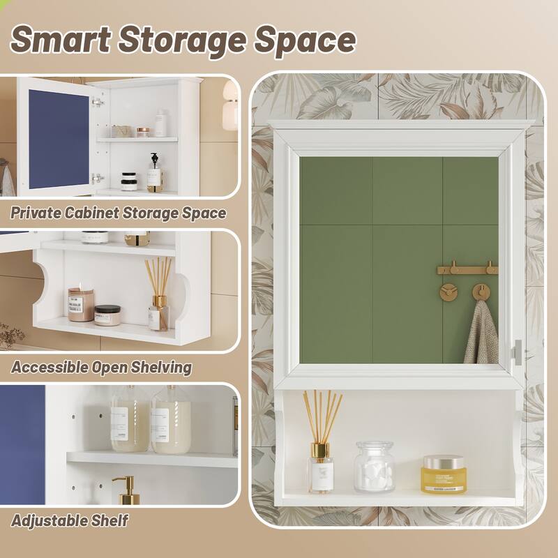 20'' Wall Mounted Bathroom Medicine Cabinet with Mirror, Solid Wood Frame Mirrored Storage Cabinet with Adjustable Shelf