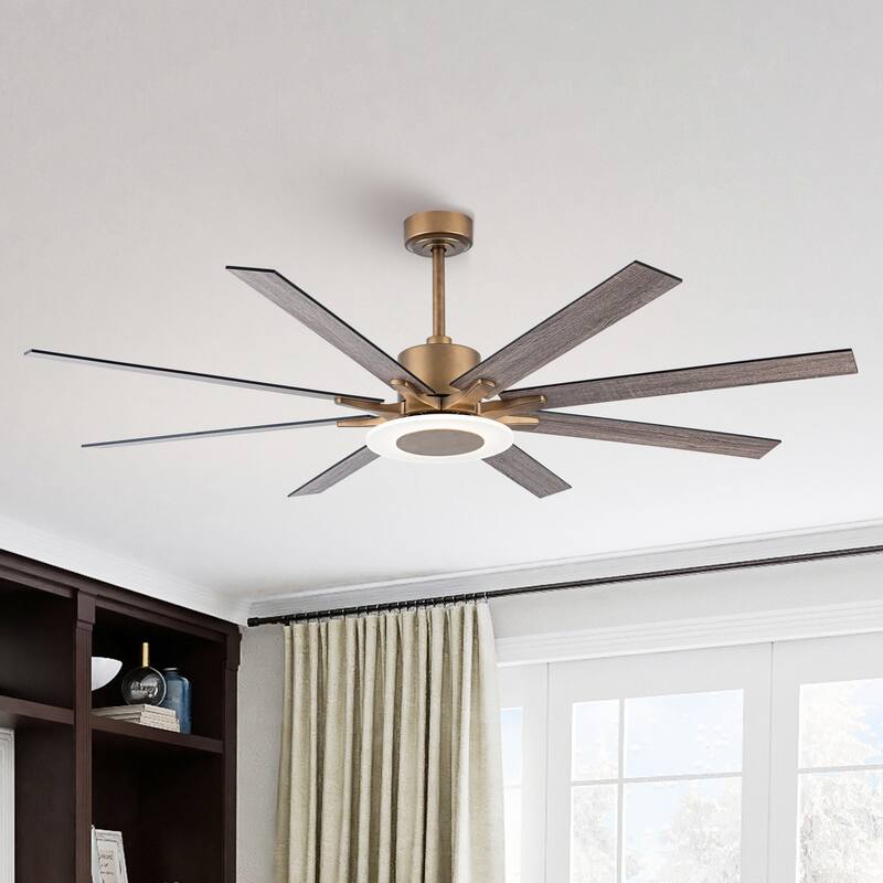 65" Antique Brass Plywood 8-Blade Windmill LED Ceiling Fan with Light and Remote