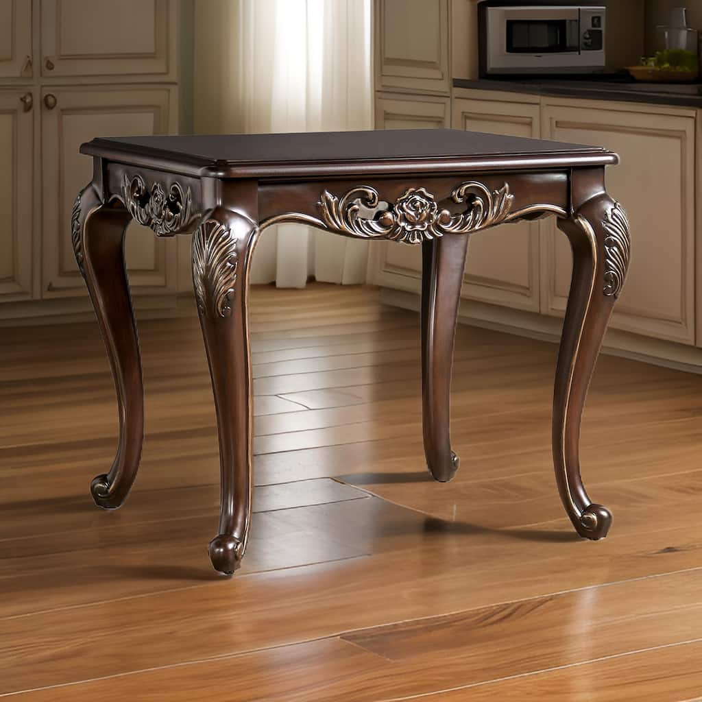 Halie Side End Table, 28 Inch, Classic Cabriole Legs, Dark Brown Solid Wood