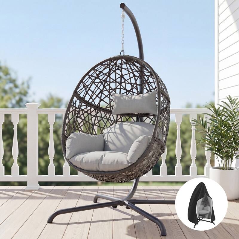 Oversized Hanging Egg Chair with Stand, Indoor/Outdoor Wicker Swing Chair for Patio Porch Balcony with Cushions - Light Grey/Cover