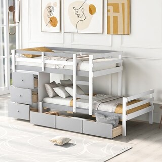 Wood Twin Over Twin Loft Bunk Kids Bed Frame with 6-Drawers & Ladder, Space-Saving, No Box Spring Needed, Sturdy & Durable, Grey