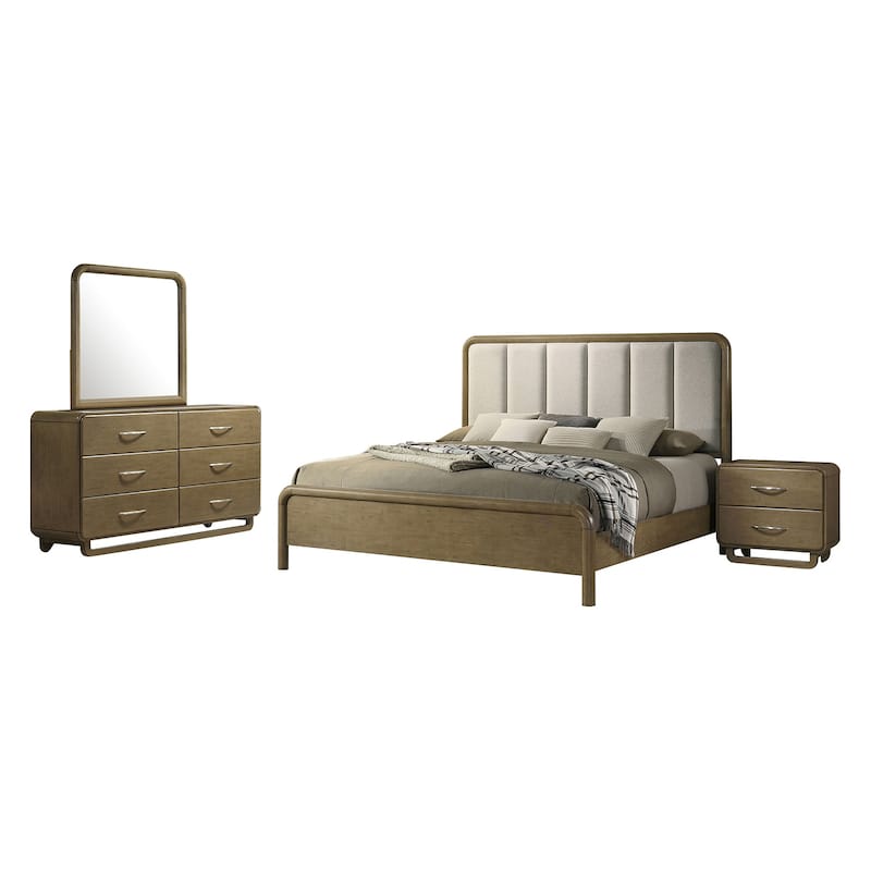 Upholstered Queen Size Bedroom Set in Nutmeg and Beige - 4 Piece