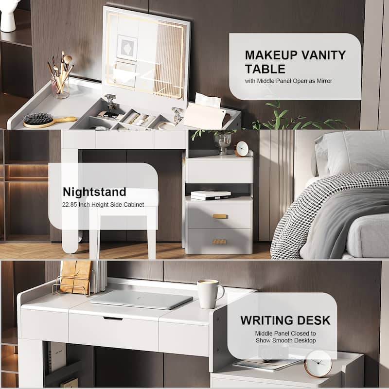 3-in-1 Makeup Vanity Desk with Stool, Flip-Top Mirror, Adjustable 3 Colors Lighting & Retractable Side Cabinet