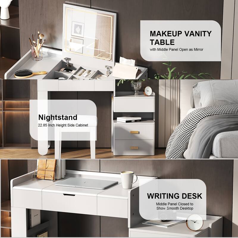 Bedroom Dressing Table and Stool Set of 2, 3-in-1 Makeup Vanity Desk with 3-Color Lighted Mirror & Retractable Side Cabinet
