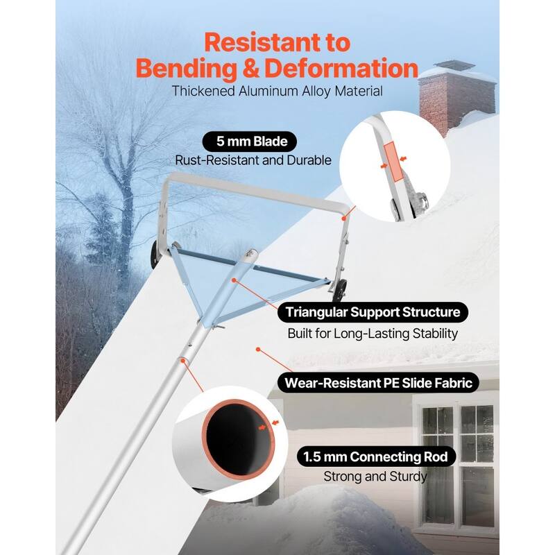 18.5-Inch Aluminum Roof Snow Rake with Adjustable Handle and Smooth Wheels for Easy Snow Removal - Silver, White, Black