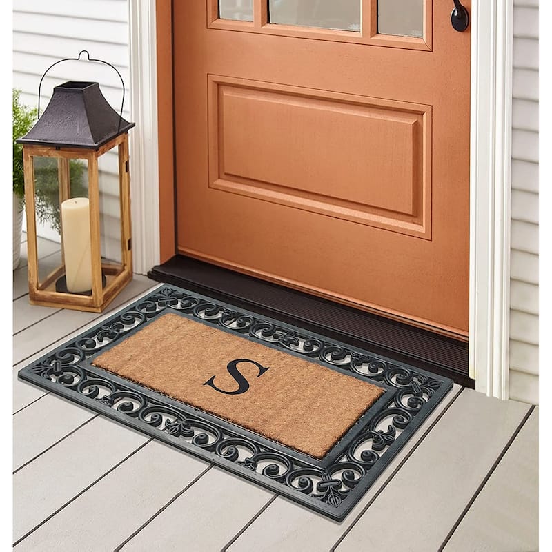 A1HC Rubber and Coir Paisley Border Monogrammed Outdoor Doormat Black, 18"X30"