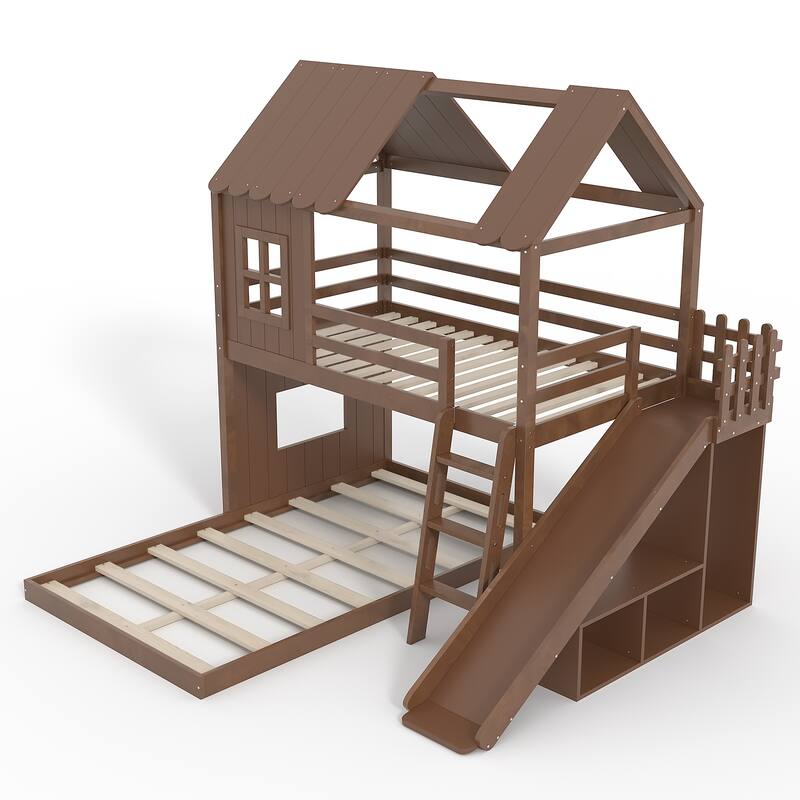 Twin over Full House Bunk Bed with Ladders and Slides, House Floor Bunk Bed with Storage Shelves and Wardrobe