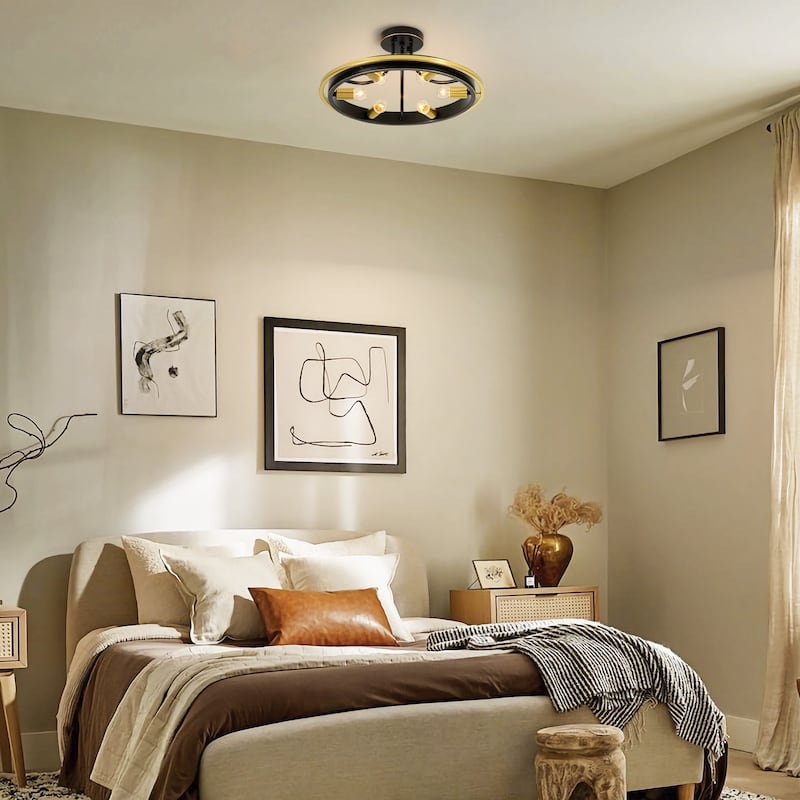21.7" 6-Light Industrial Mette Black & Gold Wagon-Wheel Circle Ring Semi-Flush Mount Ceiling Light for Living Room, Kitchen