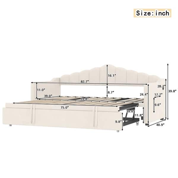 Modern Upholstered Adjustable Height Pop Up Trundle Twin Daybed with Type-C Charging Port