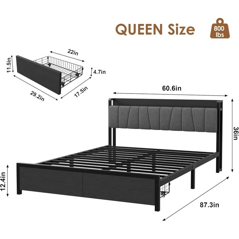 Platform Bed Frame with Charging Station and Functional Storage Headboard