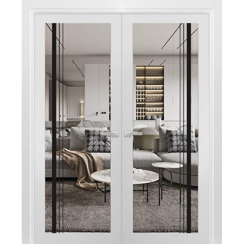 Solid French Double Doors 36 x 80 Lucia 2566 White Silk Clear Glass - White - 64" x 96" ( 2* 32x96)