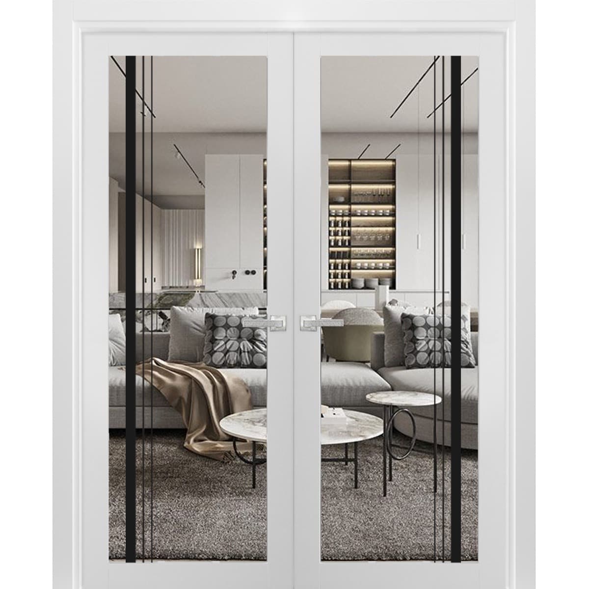 SartoDoors Lucia 2566 | Interior French Doors Double French Door | Solid Wood w/ Glass | Hardware Set | 36x80, White Silk