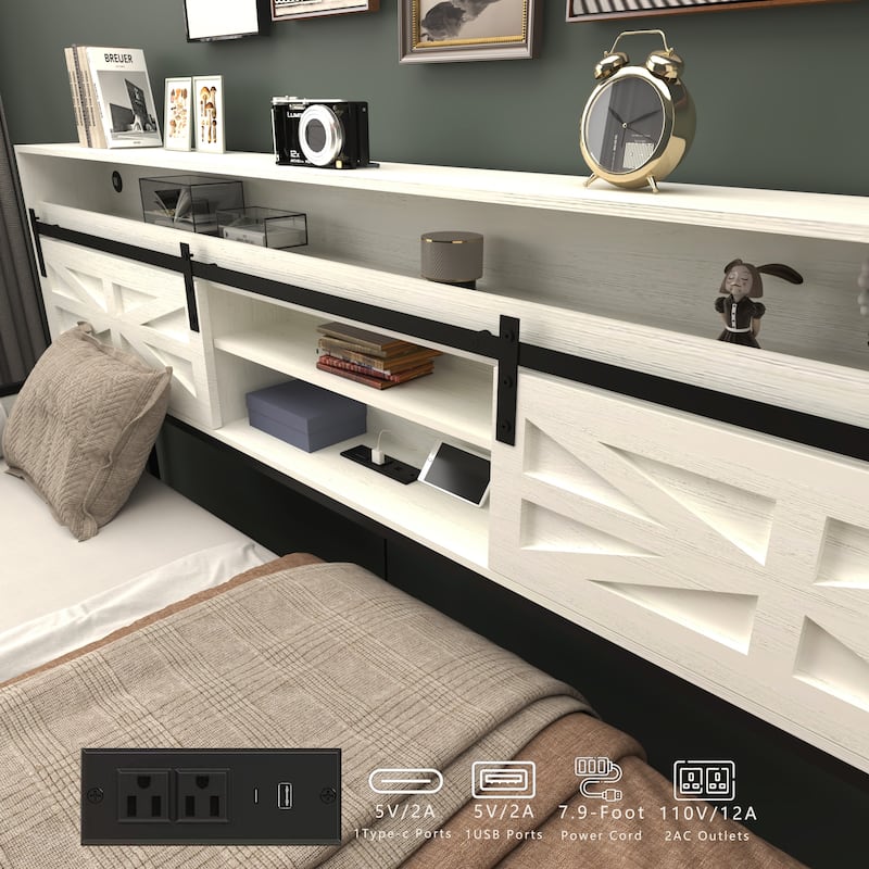 Twin Daybed with Trundle, Farmhouse Daybed Frame with Sliding Barn Door Headboard and Charging Station & LED Light