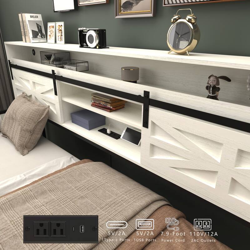 Twin Daybed with Trundle Bed, Wooden Farmhouse Sofa Bed Frame with Sliding Barn Door Headboard, Charging Station and LED Light