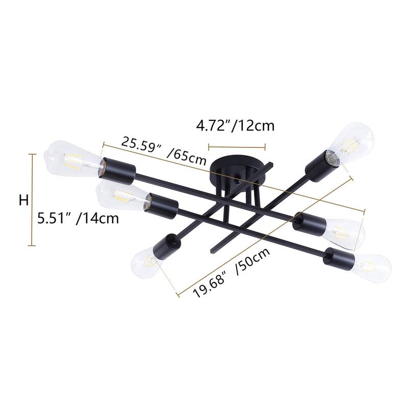 Modern Black 6-Light Sputnik Ceiling Semi Flush Mount Lamp