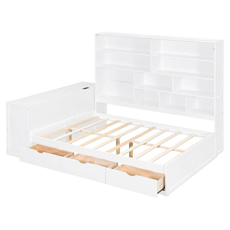 Modern Storage Bed Frame with 3 Drawers, All-in-One Bookshelf, Desk, Full Size Daybed with Wood Slats Support for Bedroom