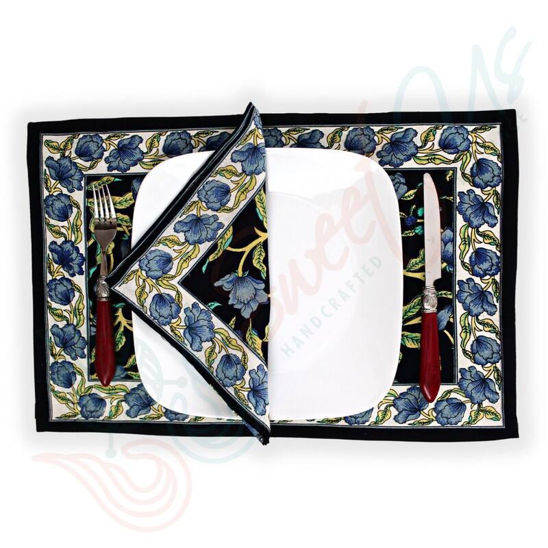 Cotton Sweet French Country Floral Tablecloth Round, Runner - Set of 4 Placemats - Black Blue