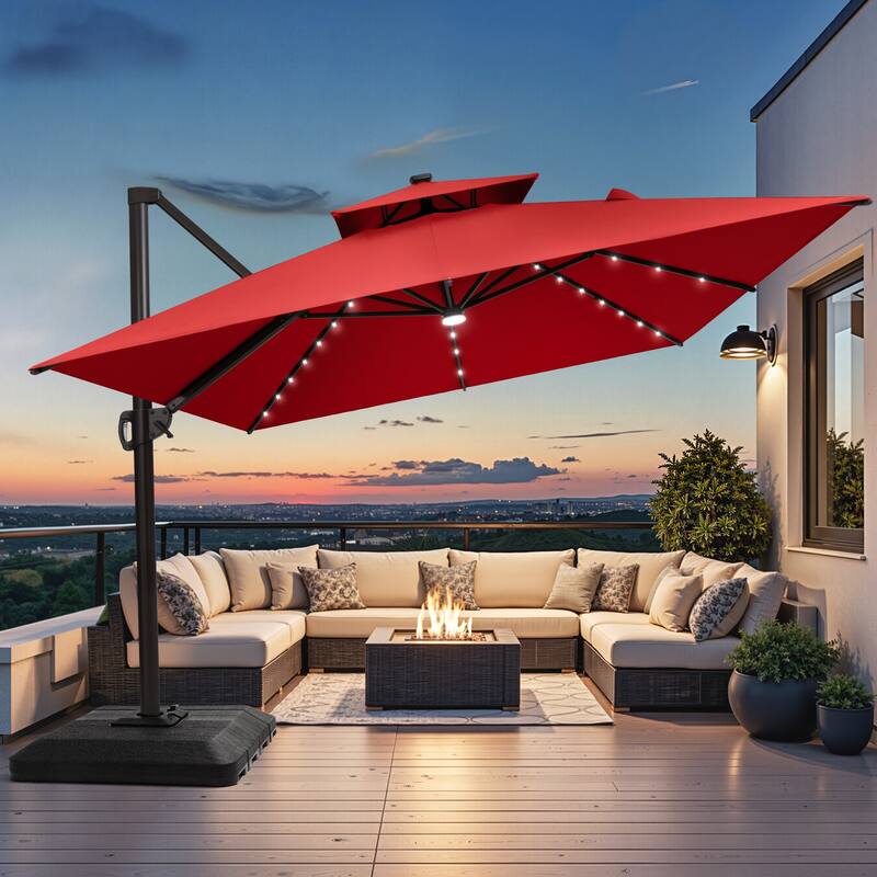 10 X 13 FT Outdoor Patio Cantilever Umbrella with Solar Lights 4-Piece Premium Base Double Canopy 360 Rotation Tilt - Red