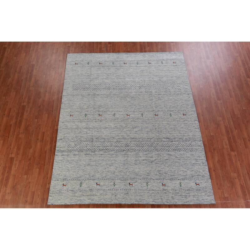 Hand Knotted Oriental 100% Wool Carpet Tribal Animal Pictorial Greys & Charcoal Gabbeh Area Rug - 9' 11'' X 7' 11''