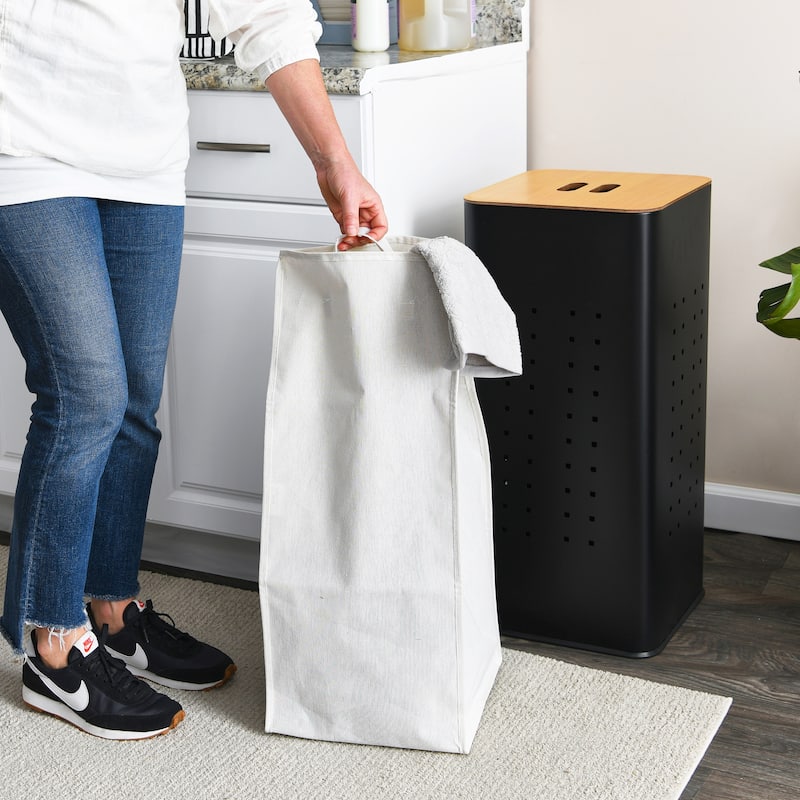 Household Essentials Steel Laundry Hamper with Lid - 12.3"L x 12.3"W x 27.5"H - Black