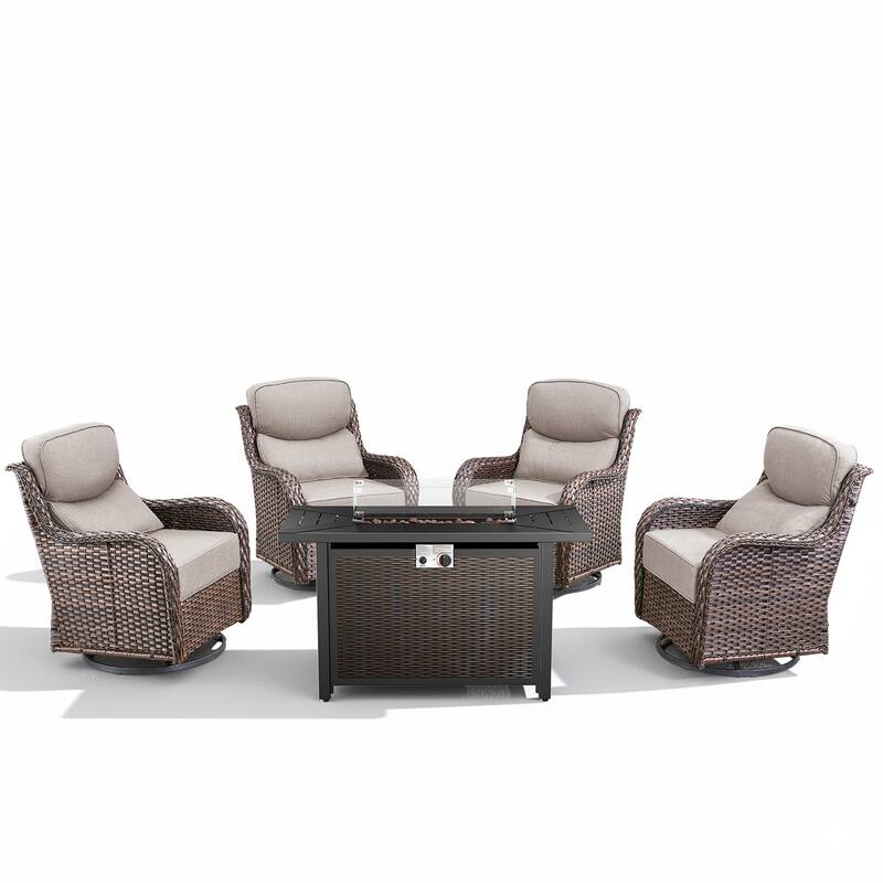 Arcadia 5-Piece Wicker Patio Set with 4 Swivel Glider Chairs and All-Iron Fire Pit