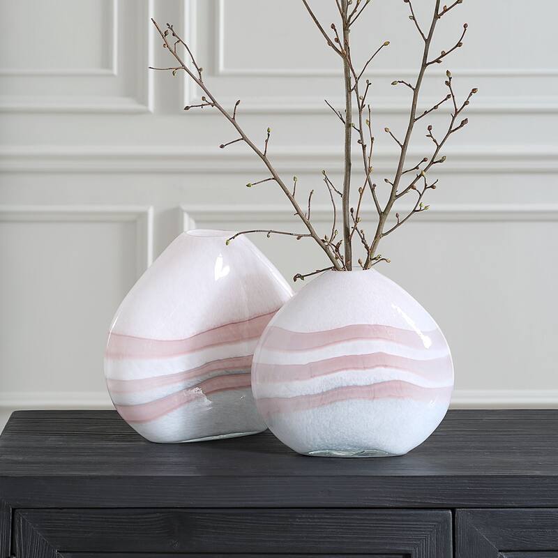 Hand Blown Blush Swirl Tabletop Glass Vases - 12" - White - Set of 2